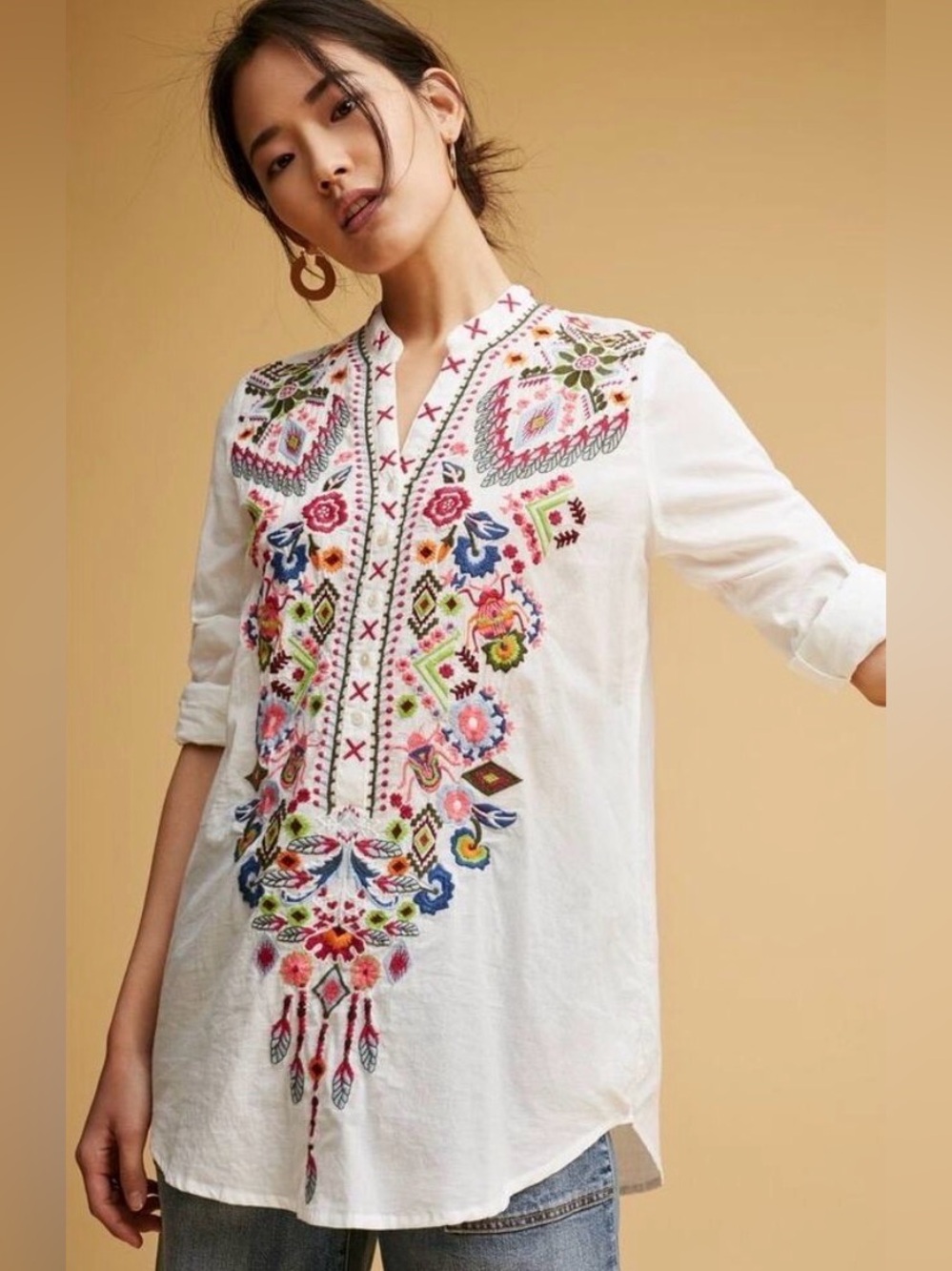 Isato Sz XXL Embroidered Tunic Blouse Top Prairie Bohemian Tab Sleeve